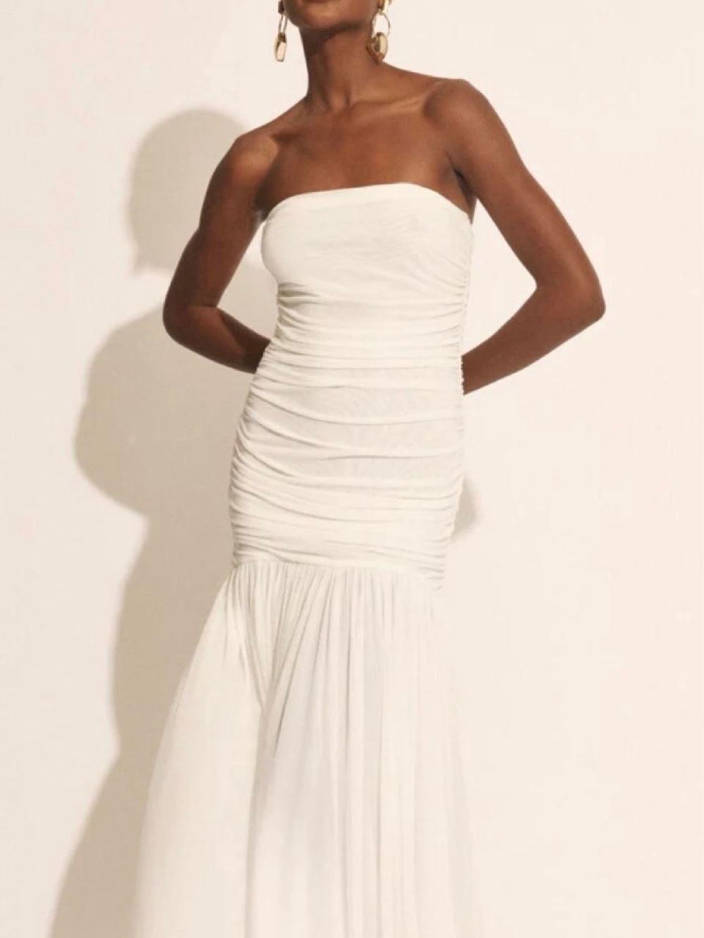 White Strapless Ruched Mermaid Maxi Dress